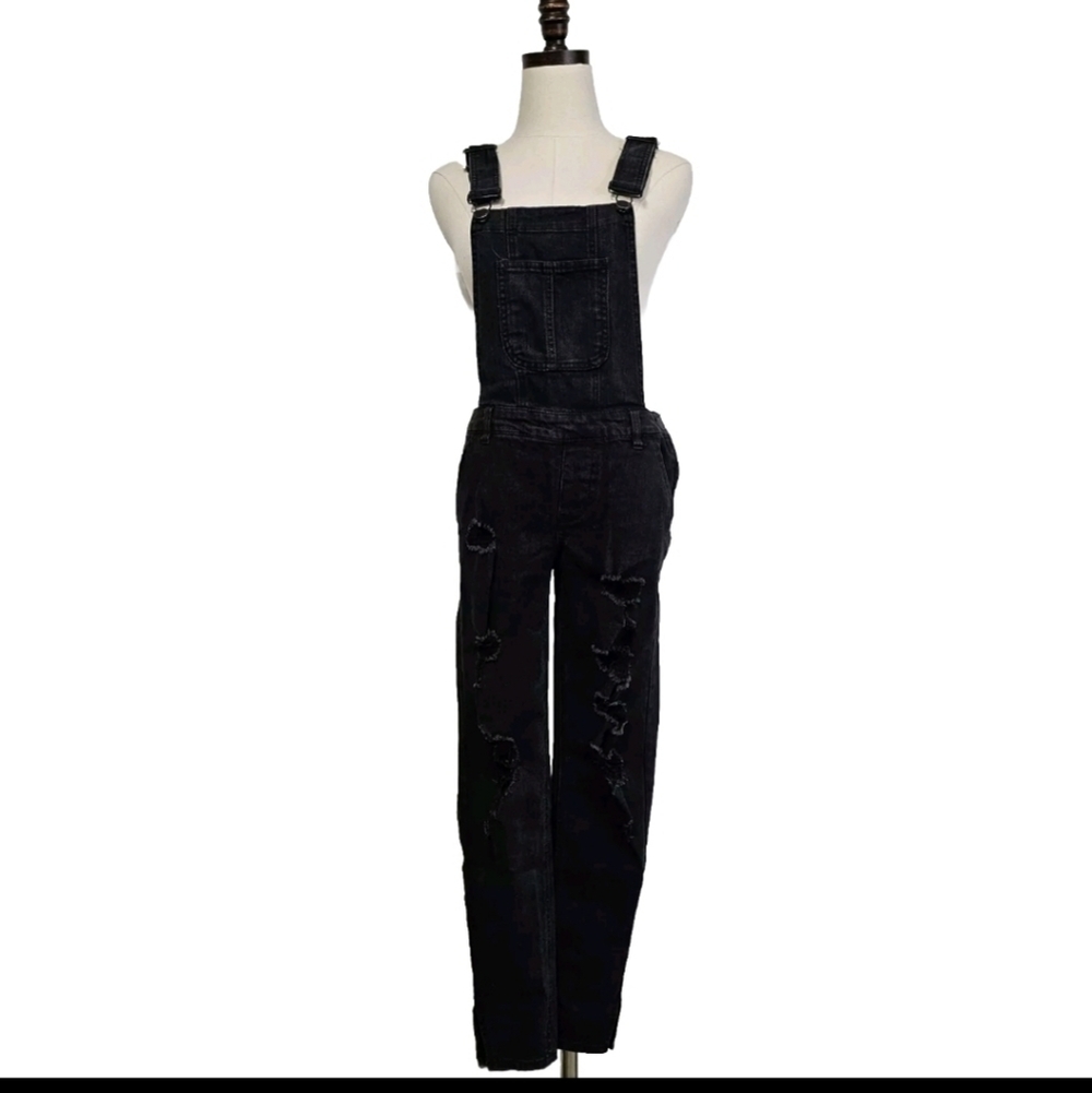 Dollhouse Washed Black Distressed Skinny Denim Overalls Jumpsuits  Women's 7